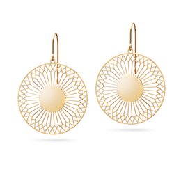 Radial Simplex gilded statement earrings with a shiny or matte gold finish, featuring a circular design with a sunburst pattern.