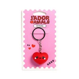 Pink 3D PVC keyring with red heart charm, J'Adoramals branding, cute kawaii style accessory.