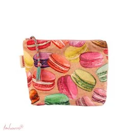 Colorful macaron print pouch, pink red yellow green, small toiletry bag with tassel detail.