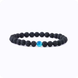 A unisex water bracelet made of black beads with a blue accent bead, suitable as a gift.