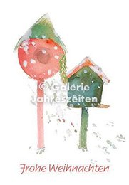  "Christmas card with two birdhouses, festive red and green watercolor design, holiday greeting"