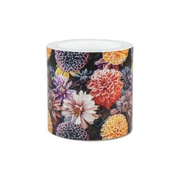 Frosted dahlia pillar candle in a round shape, with a diameter of 75 mm. The candle features a vibrant floral design in shades of purple, orange, and yellow.
