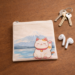 Small Lucky Cat Japan pouch - Maneki Neko - Coin Purse. Beige coin purse with an illustration of a white cat with a red collar and a Japanese landscape in the background.