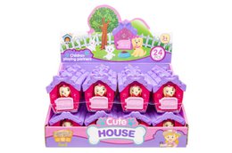  Pink and purple dog house cage toy with paw print design, includes small dog figurine, colorful playhouse.