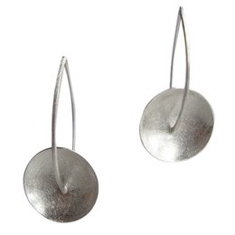 Silver statement earrings with a round, disc-shaped design.