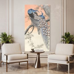 Vibrant wall art featuring a detailed peacock in shades of blue and pink against a neutral background. The peacock's feathers are prominently displayed, showcasing its intricate patterns and colors.