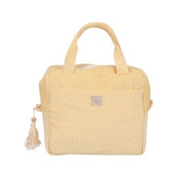 Butter yellow corduroy cosmetic bag with textured fabric, dual handles, tassel detail, square shape makeup pouch.
