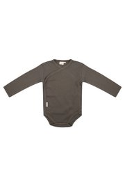 Long-sleeved olive green bodysuit for newborns, available in sizes 0-1 months, 1-3 months, 3-6 months, 6-9 months, and 9-12 months.