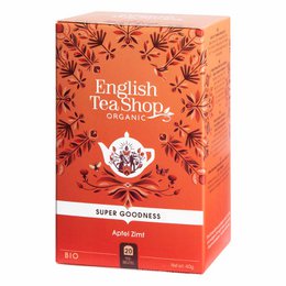 Organic apple cinnamon tea with a warm, spicy aroma and flavor. Packaged in a vibrant, floral-patterned box.