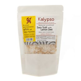 Natural unrefined sea salt with lemon zest, packaged in a resealable pouch. Ideal for seasoning and adding flavor to various dishes.