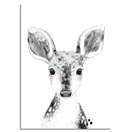 A black and white poster featuring a deer with large ears and a curious expression. The poster is suitable for a children's room or nursery decor.