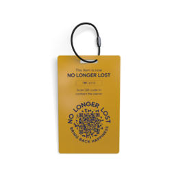 Rectangular luggage label in yellow with black text and graphic design, available in light grey, dark blue, yellow, and rust brown colors.