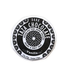 Dark chocolate disc with vanilla flavor, organic and fair trade.