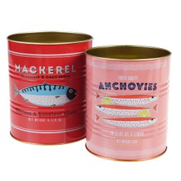 Two red and white tin cans labeled "Mackerel" and "Anchovies" containing various green herbs and plants.

The image shows two red and white tin cans labeled "Mackerel" and "Anchovies" that appear to be used as storage containers for various green herbs and plants. The cans have a vintage, retro design with bold text and graphics. This suggests the products are likely intended for storage or decor purposes, rather than containing actual mackerel or anchovies.