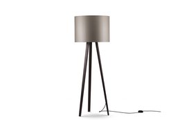 A modern, minimalist floor lamp with a cylindrical taupe shade and a black tripod base. The lamp has a sleek, contemporary design that would complement a variety of interior styles.