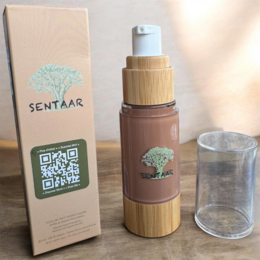  Liquid mineral foundation, beige and brown bottle, wooden bamboo pump dispenser, natural SPF protection