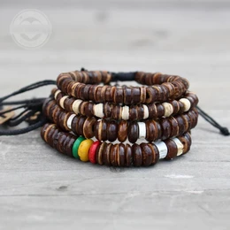  Handmade wooden bead bracelets in various colors and styles, including brown, white/brown, rasta, and white/brown. The bracelets feature a mix of round and cylindrical wooden beads.