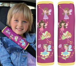 'Car seat belt protection fee, Kids Baskets, 1x Fee, 2x Fee, pink with fairy designs, includes colors, shapes, and text descriptions'

The product appears to be a set of car seat belt covers or protectors for children. The design features various fairy characters in different colors and poses against a pink background. The key details that can be extracted from the image are:

Colors: Pink, yellow, green, blue
Shapes: Fairy characters, stars
Text: None visible

The overall description of the product could be: "Pink car seat belt protection covers featuring colorful fairy designs, including various fairy characters and shapes like stars."
