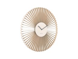 Round wall clock with radiating spokes design, modern minimalist style, beige and natural wood finish, contemporary home decor.