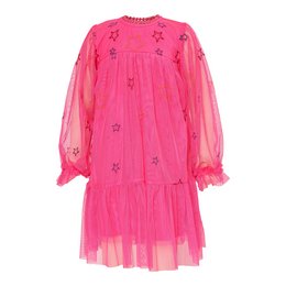 A vibrant pink dress with a flowing, tiered skirt and long, puffed sleeves. The dress features delicate embroidered stars throughout, adding a whimsical touch. This stylish kids' dress is perfect for special occasions or everyday wear.