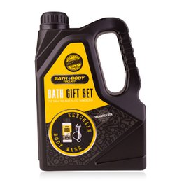  A gift set for men in the shape of an oil canister, containing various bath and body products.