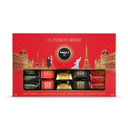 Discovery box of Maxim's specialties containing 14 crêpes dentelles, 5 nougats coated with chocolate, and 16 squares of chocolate, weighing 195 g. Assortment of chocolate gifts in a festive red and gold packaging.