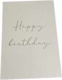 A white greeting card with the text "Happy birthday" written in gold foil script.