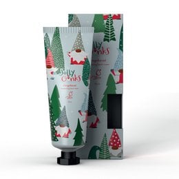 Christmas-themed hand cream in a 75ml tube, featuring a festive design with gnomes, trees, and a red and green color scheme.