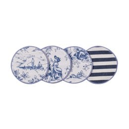 Blue and white toile de Jouy pattern, striped placemats, French style, round shape, set of four.
