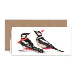 Two colorful birds perched on a snowy branch, with a festive holiday greeting card design.