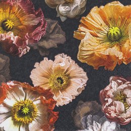 Colorful, floral napkins featuring a variety of vibrant, blooming flowers in shades of orange, pink, and white.