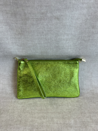  Bright green shoulder bag, textured fabric, minimalist design, crossbody style, compact clutch.