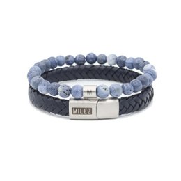  Black leather men's bracelet with woven texture and black metal closure.