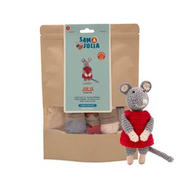 Crochet mouse doll with red heart, gray wool, handmade craft kit for beginners