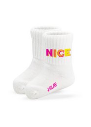  White baby socks with "NICE" text in pink and purple colors. Available in sizes 0-1 year, 1-2 years, 2-3 years, and 3-4 years.