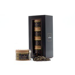 A set of 3 tea tins with a dark, sleek design. The tins contain various types of tea leaves.
