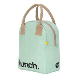 Mint green insulated lunch bag with zipper closure and leather-like handles. Designed for kids, with a simple "lunch" text printed on the front.