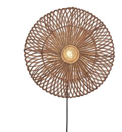 A round, rattan wall lamp with a flat diameter of 55 cm and a height of 14 cm in a natural color.