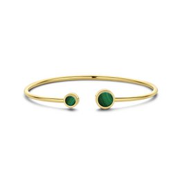 Open bangle bracelet with green agata stones. Gold-plated metal. Minimalist and elegant design. Suitable for everyday wear.