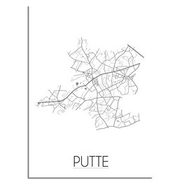 A minimalist black and white floor plan poster of the city of Putte, featuring a simple map design with street outlines. The poster has a clean, modern aesthetic and would make an attractive wall art piece for a home or office.