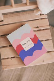 Softcover notebook, 10 pieces, featuring a colorful abstract design with geometric shapes in pink, blue, and white.