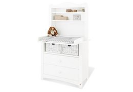 White changing unit with wide shelf, includes storage drawers, suitable for baby nursery.