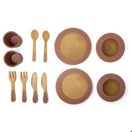  Wooden dinner set with cherry blossom design, includes plates, bowls, and utensils.