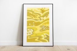 Vibrant yellow abstract art print featuring flowing organic shapes and patterns, suitable for wall decor in a variety of sizes.