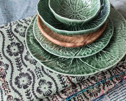  "Green cabbage leaf textured round dessert plate, ceramic serving dish with natural botanical design"