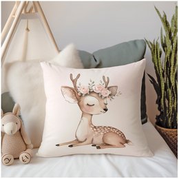  Decorative pillow featuring a cute deer with floral antlers, perfect for a kids' room. The pillow comes in 3 size options: 40x40cm, 50x50cm, and 60x60cm.