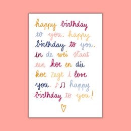 Colorful birthday card with handwritten text in various colors. The card features the text "happy birthday to you, happy birthday to you, in a way, in a way, i love you, i love you, happy birthday" written in a playful, cursive style.