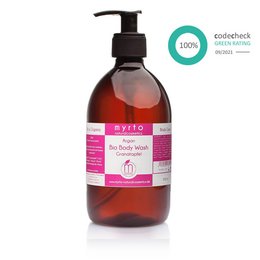 Large 500ml bottle of Myrto Argan Body Wash in pomegranate scent. Eco-friendly, vegan, and cruelty-free body wash with natural argan oil.