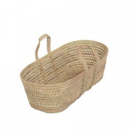  Handcrafted Moroccan palm leaf Moses basket, oval shape, woven texture, natural beige color.