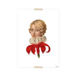 A collage print featuring a woman's head with a floral collar in shades of red.